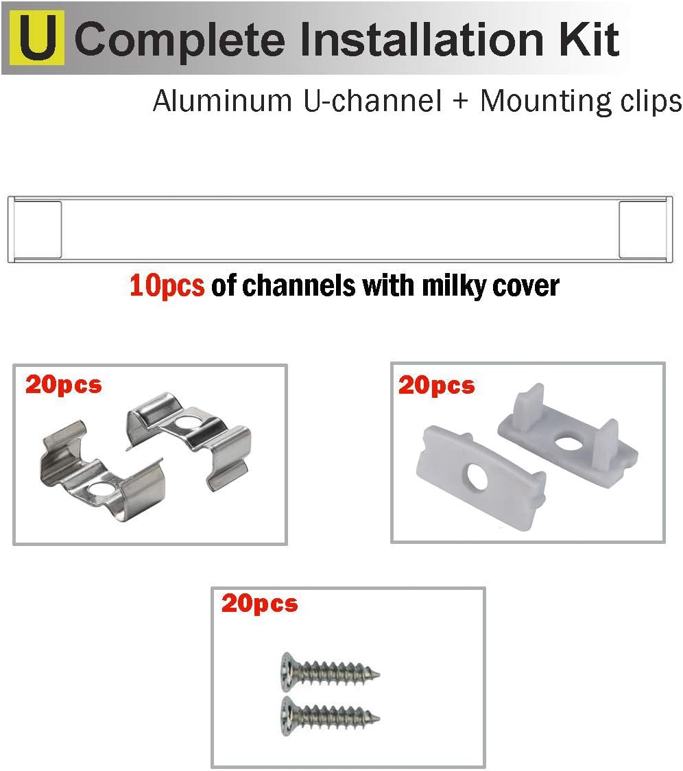 10-Pack 6.6ft U Shape LED Aluminum Channel System with Milky Cover, End Caps and Mounting Clips F72982
