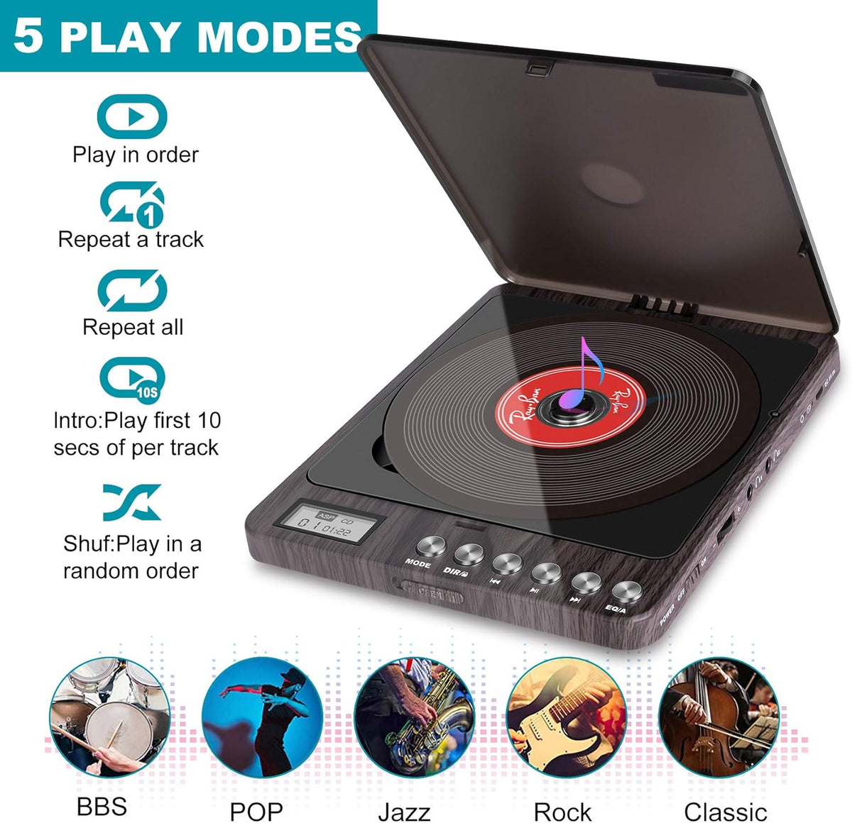Portable Rechargeable CD Player with Dual Headphones Jack, Dark Brown, Pack of 2 X84315