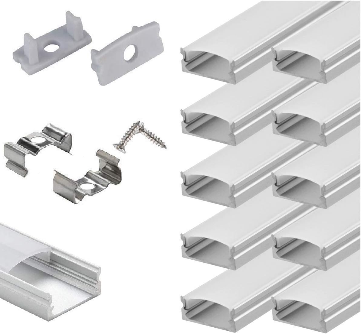10-Pack 6.6ft U Shape LED Aluminum Channel System with Milky Cover, End Caps and Mounting Clips F72982