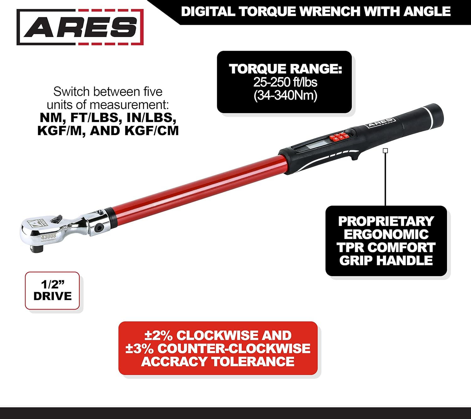 1/2-Inch Drive Flex Head Electronic Digital Torque and Torque Angle Wrench, 25-250 ft/lbs S4626