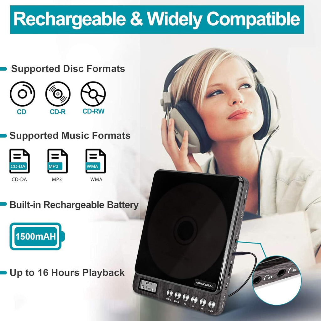 Portable Rechargeable CD Player with Dual Headphones Jack, Dark Brown, Pack of 2 X84315