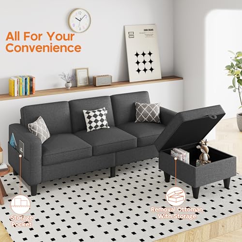 Beige 3 Seat L-Shaped Sectional Sofa with Storage Ottoman J695336