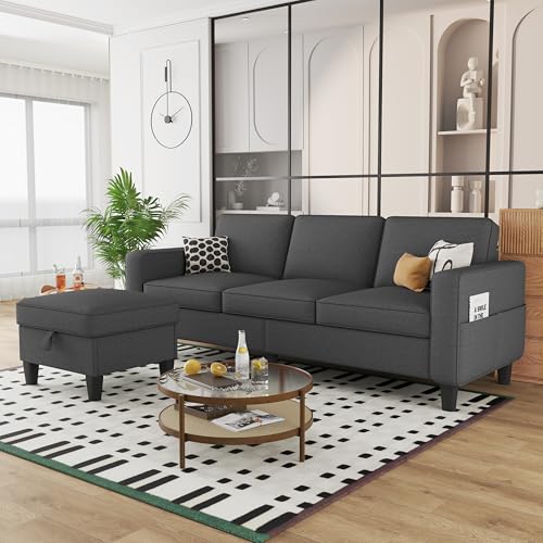 Beige 3 Seat L-Shaped Sectional Sofa with Storage Ottoman J695336
