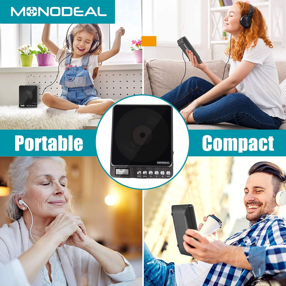 Portable Rechargeable CD Player with Dual Headphones Jack, Dark Brown, Pack of 2 X84315