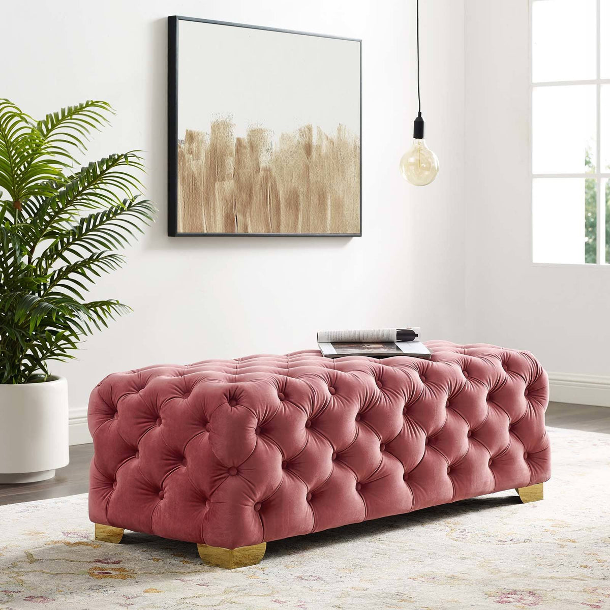 Gray Button Tufted Velvet Bench R6002